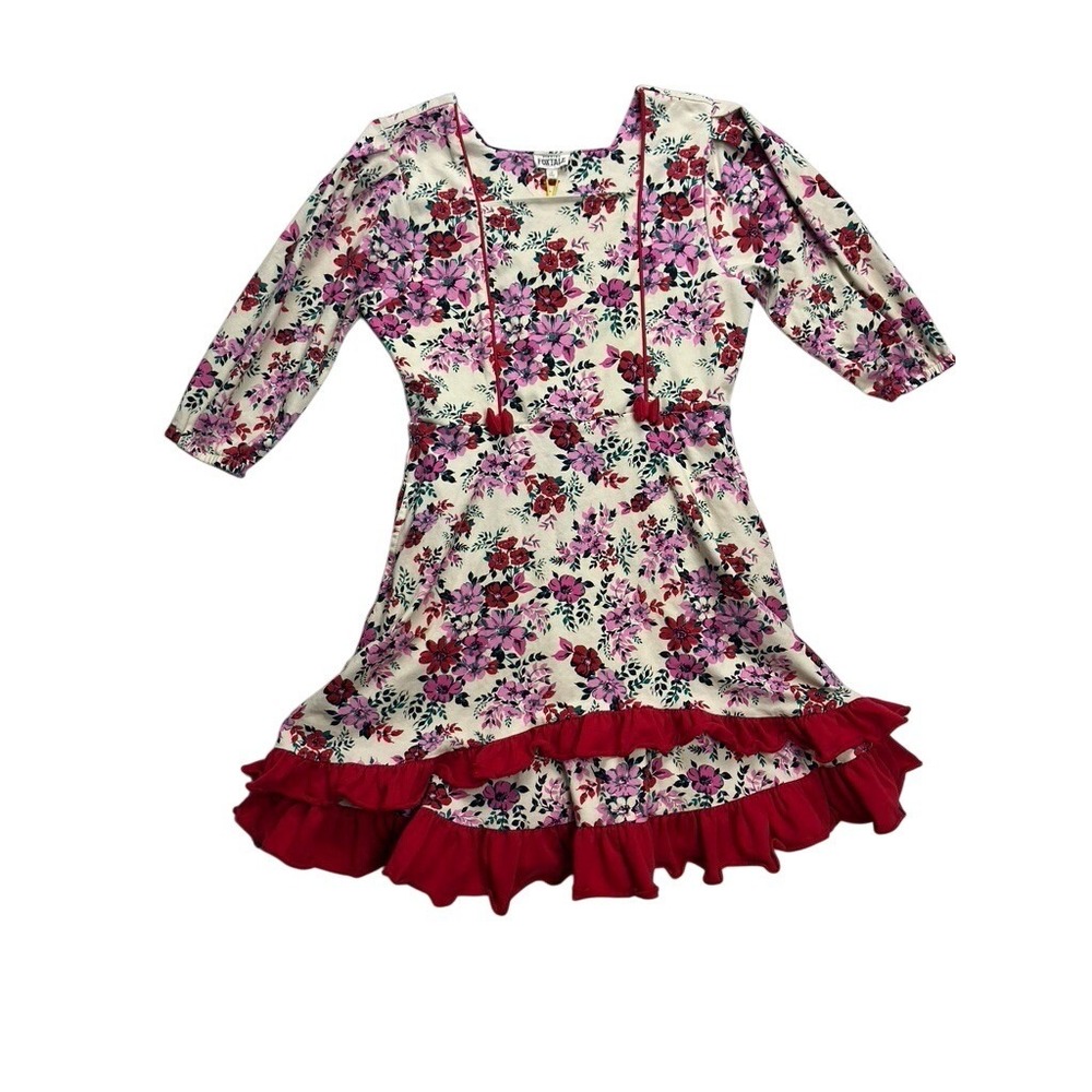 Finding Foxtale Floral Dress‎ Kids 12 Cream Red Ruffle Hem F24D223